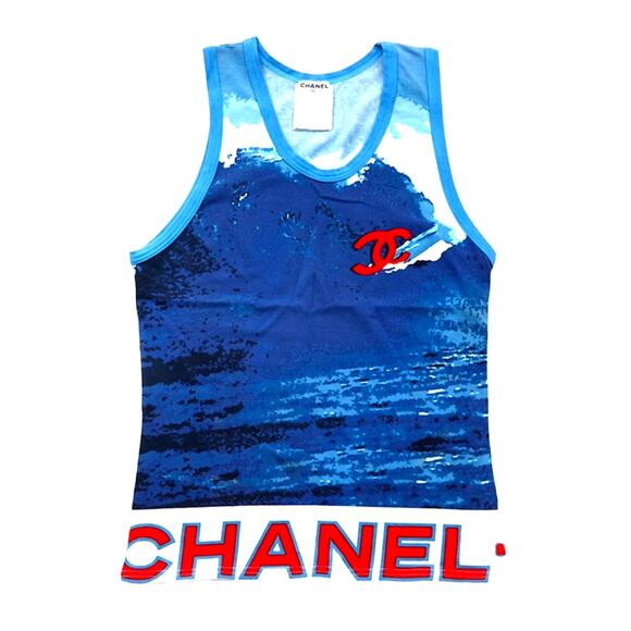 Authentic CHANEL Surf Line Tank Top Sleeveless 2002 Red White Blue Print Stretch - Picture 1 of 8